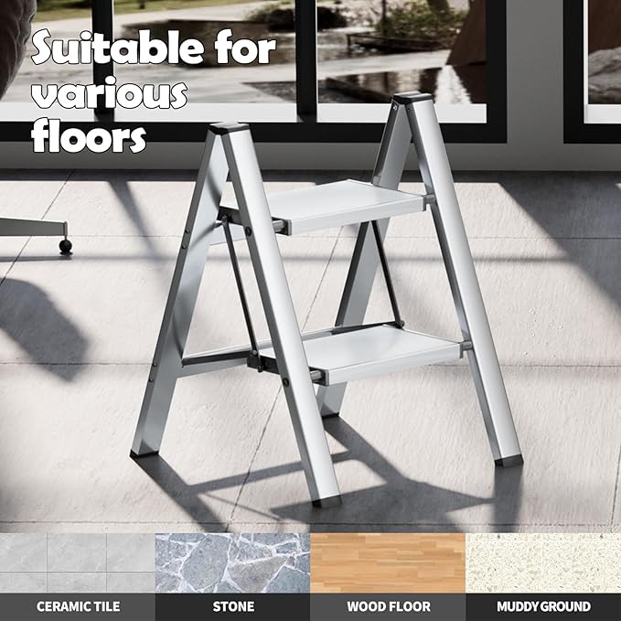 Taranta 2 Step Ladder,Aluminum Lightweight Folding 2 Step Stool with Anti-Slip Wide Pedal,330lbs Capacity Step Ladder for Household,Kitchen,Office - Silver