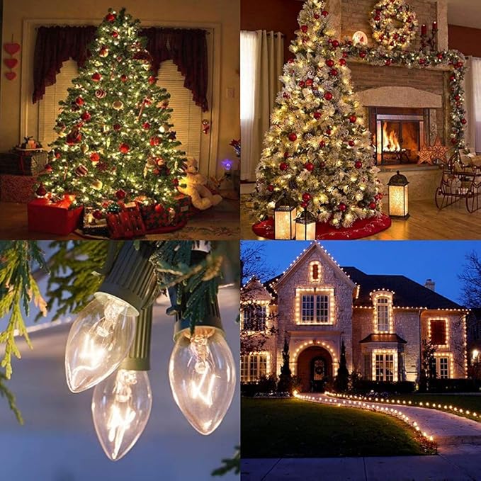 Abeja 25 Pack C7 Christmas Replacement Clear Bulbs C7/E12 Incandescent Light Bulbs for Christmas Tree Lights Set Indoor/Outdoor Party Decor, 5w