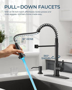 FORIOUS LED Kitchen Faucet with Soap Dispenser, Black Stainless Steel Traditonal Spring Commercial Pull Out Sink Faucet with Pull Down Sprayer for Laundry & Utility RV Camper Bar Farmhouse