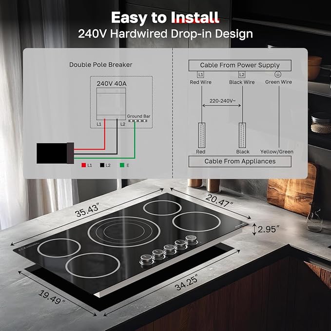 ThermoMate 36 Inch Electric Cooktop, 5 Burners Knob Control Built-in Ceramic Cooktop, 30" Radiant Electric Stove Top of 9000W with 9 Heat Levels, Hot Surface Indicator, 220-240v, Hard Wired