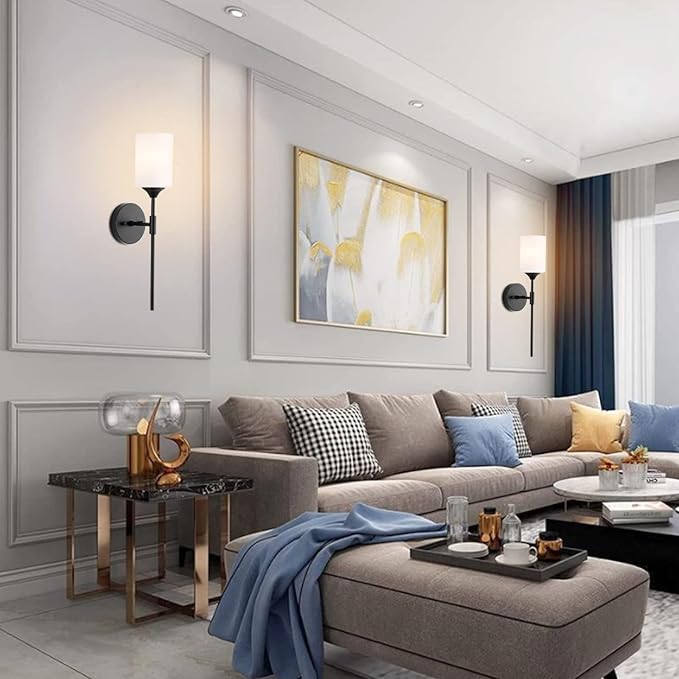 Mid Century Modern Wall Lamp 2 Pack with White Cylinder Glass Shades Matte Black Wall Sconce Bathroom Vanity Lighting Industrial Farmhouse Wall Light Fixtures for Mirror Bedroom Living Room