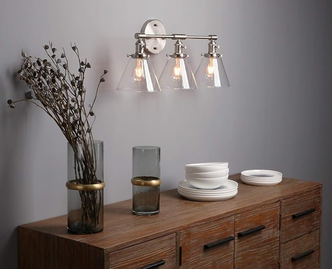 Phansthy 3-Light Wall Sconces Antique Brass Vanity Light, Industrial Wall Lamps with On Off Switch and Clear Glass Lampshade, Vintage Wall Lighting for Bathroom Living Room (Brushed, Cone Shade)