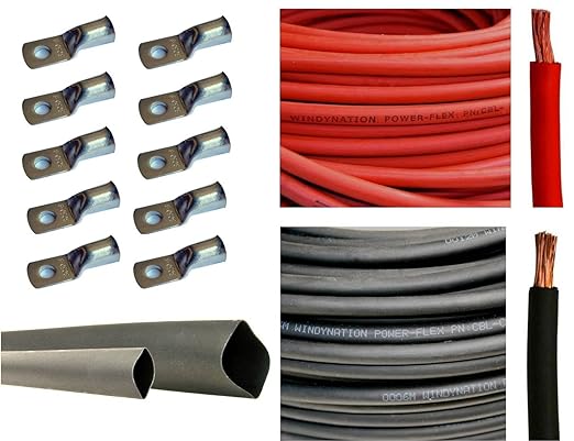 1/0 Gauge 1/0 AWG 12.5 Feet Red + 12.5 Feet Black Welding Battery Pure Copper Flexible Cable + 10pcs of 3/8" Tinned Copper Cable Lug Terminal Connectors + 3 Feet Black Heat Shrink Tubing