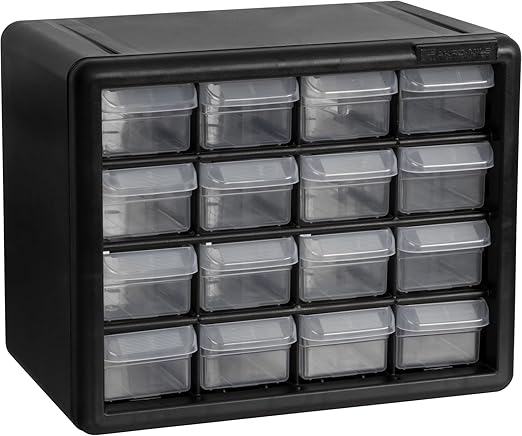 Akro-Mils 16-Drawer Plastic Drawer Storage Cabinet for Garage Organization, Beads, Makeup Organizer, Building Bricks Storage, Teacher Toolbox, 10-1/2" W x 6-1/2" D x 8-1/2" H, 10116 Black