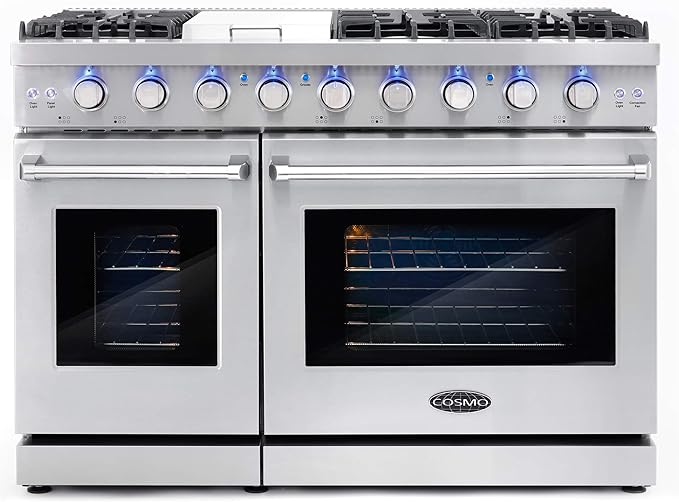 COSMO COS-EPGR486G 48 in. Haven Collection 7 cu. ft. Double Oven Gas Range, 6 Burners, Griddle, Convection, Knob LEDs, Stainless Steel