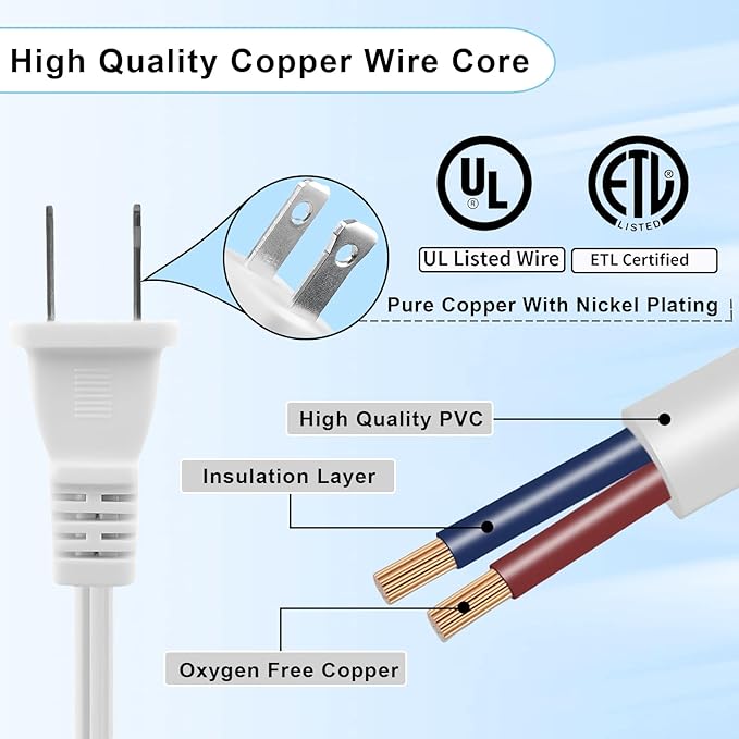 5Pack Extension Cord 10 FT, 2 Prong Power Cable for Indoor and Outdoor,US Male/Female Long Extension Cord for NEMA 1-15P to NEMA 1-15R