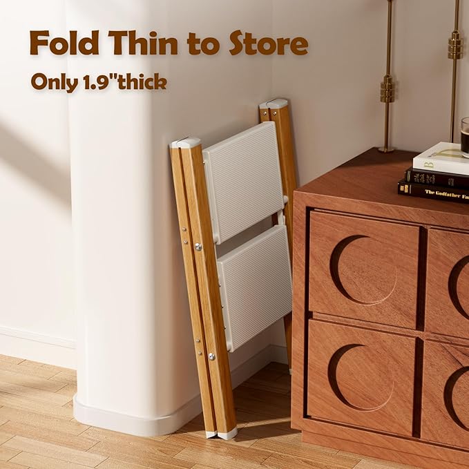 Taranta 2 Step Ladder,Aluminum Lightweight Folding 2 Step Stool with Anti-Slip Wide Pedal, 330lbs Capacity Step Ladder for Household,Kitchen,Office - White Woodgrain