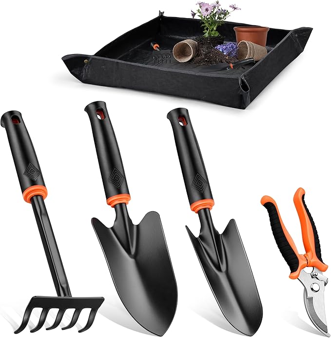 Joyfair Garden Tool Set, 5 Pcs Gardening Tools for Women & Men, Gardening Hand Tool Kit with Pruning Shear, Repotting Mat, Transplant Trowel, Hand Rake, Heavy-Duty Plant Supplies for Indoor & Outdoor