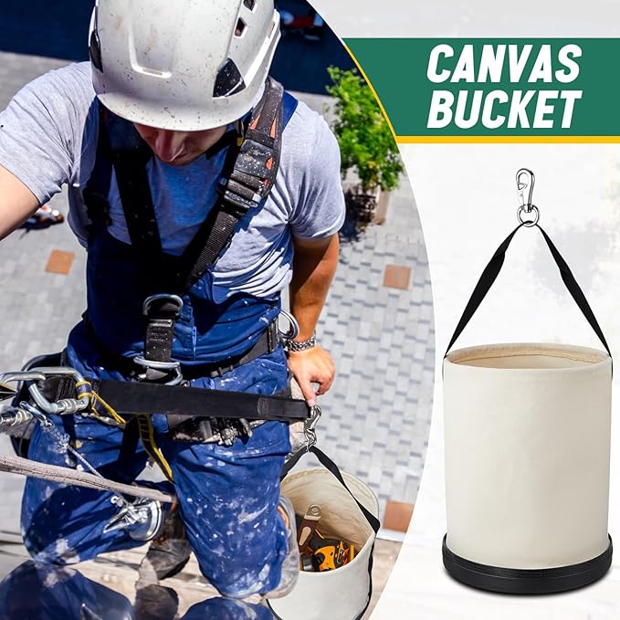 1 Pack Utility Canvas Tool Bucket 15" x 12" All Purpose Canvas Bucket Bag, Truck Tool Organizer with Plastic Bottom Metal Hook for Store Work Accessory, Load Capacity up to 150 Lbs (White)