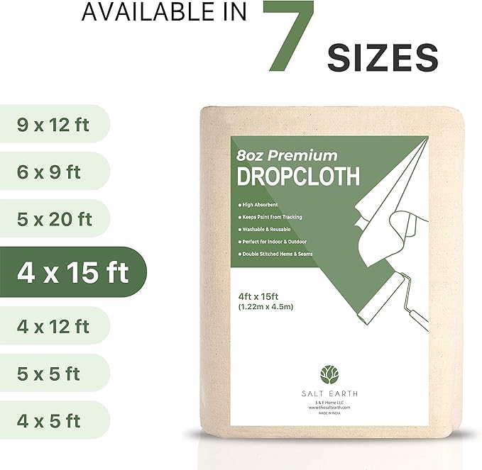 Canvas Drop Cloth by Salt Earth, Pack of 1 Reusable Paint Drop Cloth, 100% Recycled Cotton, All Purpose Painters Drop Cloth, Cotton Canvas Tarp Cover for Painter Furniture & Floor Protection (4x15FT)
