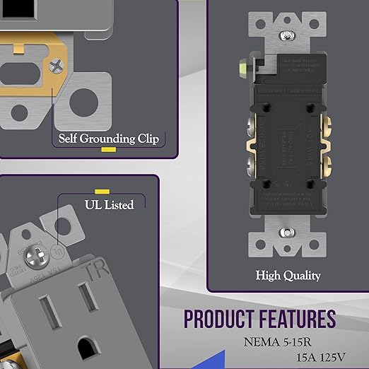 ENERLITES Decorator Receptacle Outlet, Tamper-Resistant, Gloss Finish, Residential Grade, 3-Wire, Self-Grounding, 2-Pole, 15A 125V, UL Listed, 61501-TR-GY-10PCS, Gray (10 Pack)
