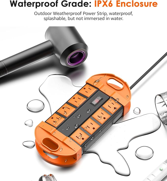 CCCEI Outdoor Power Strip Weatherproof with 8 Plug, Waterproof Extension Cord with Multiple Outlets, Christmas Exterior Garden Yard Surge Protector 10FT, Orange.