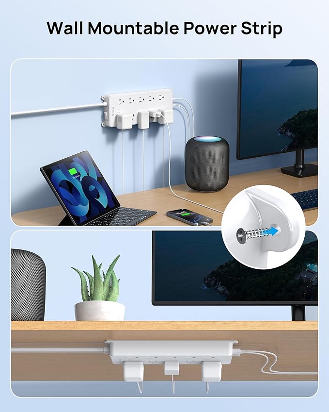 TROND 360° Rotating Plug Surge Protector 15ft, Power Strip with 2 USB A and 2 USB C, 10 Widely Spaced Outlets, 4000J, ETL Listed, Wall Mountable, for Home Office Entertainment, White