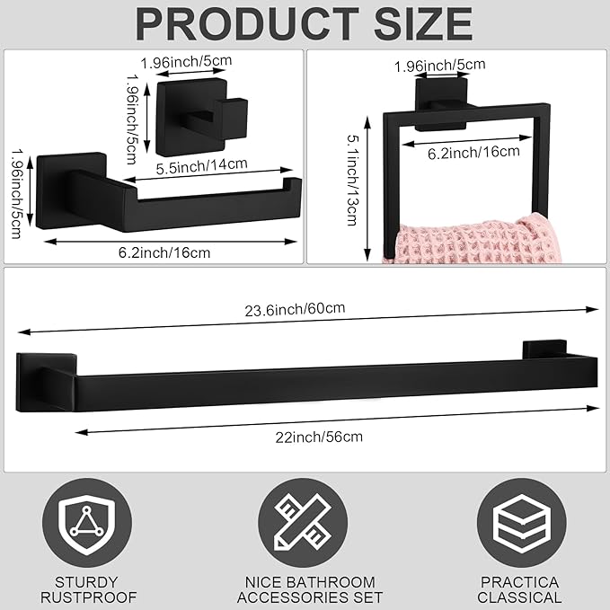 Gisafai 20 Pcs Bathroom Hardware Accessories Set 23.6 Inch Bath Towel Bar Kit Stainless Steel Bathroom Hardware Set Towel Racks Ring Hooks Paper Holder for Wall Mounted (Black)