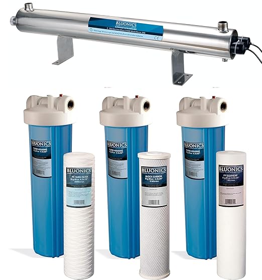 Bluonics 110W UV Ultraviolet Light Plus Sediment and Carbon Well Water Filter Purifier System with NPT 1" Ports, 24 GPM with 3 Filter Size 4.5" x 20" Filters