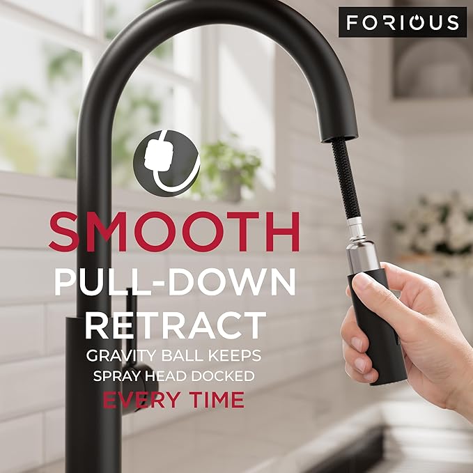 FORIOUS Kitchen Faucet with Pull Down Sprayer, Classic Matte Black, Single Handle High Arc Stainless Steel Kitchen Sink Faucet, 1 or 3 Hole Deck Mount for RV, Bar, Farmhouse, Laundry, Outdoor
