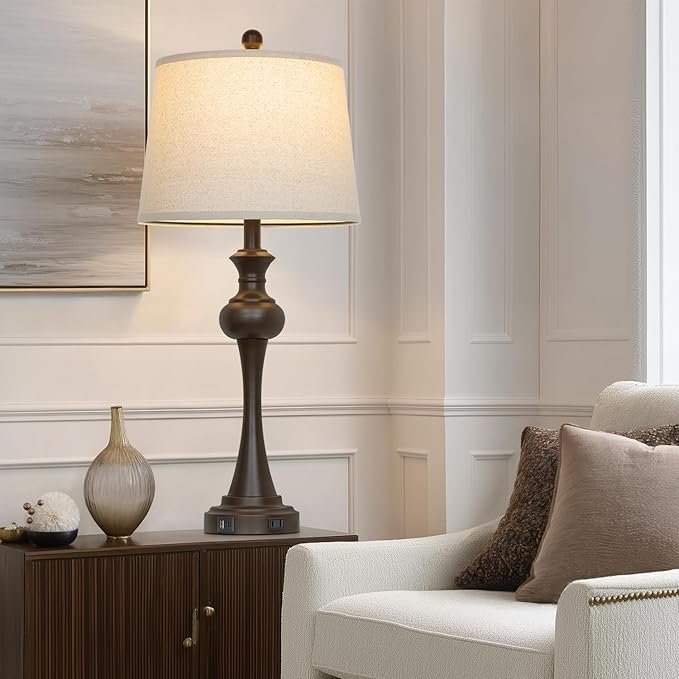 Touch Table Lamps Set of 2, 28.75" Tall Bedside Lamps with USB C+A Ports, 3-Way Dimmable Table Lamp, Nightstand lamps for Bedroom, Living Room, Office, Brown Lamps with Beige Lampshade, Bulbs Included