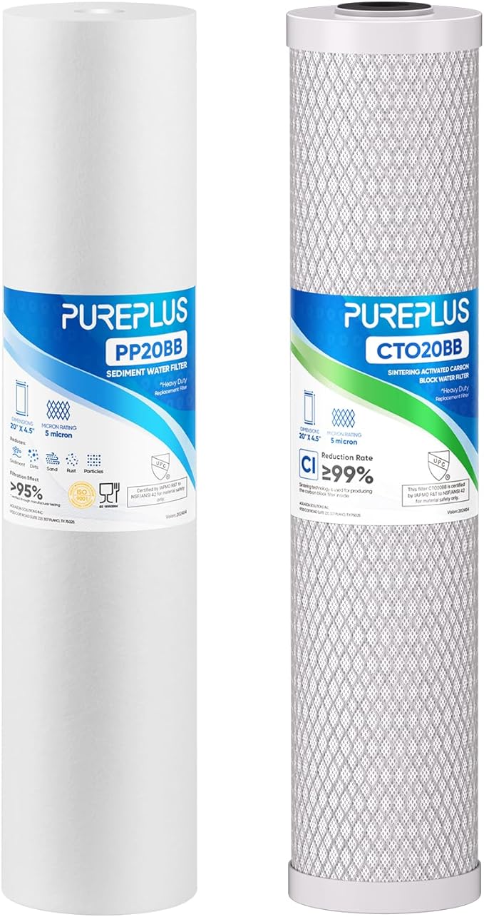PUREPLUS 5 Micron 20"x4.5" Whole House Water Filter Cartridge Combo Kit with Sediment and Activated Carbon Block Filter - Replacement for FPMB5-20, AP810-2, FC25B, EPM-20BB, 1 PACK
