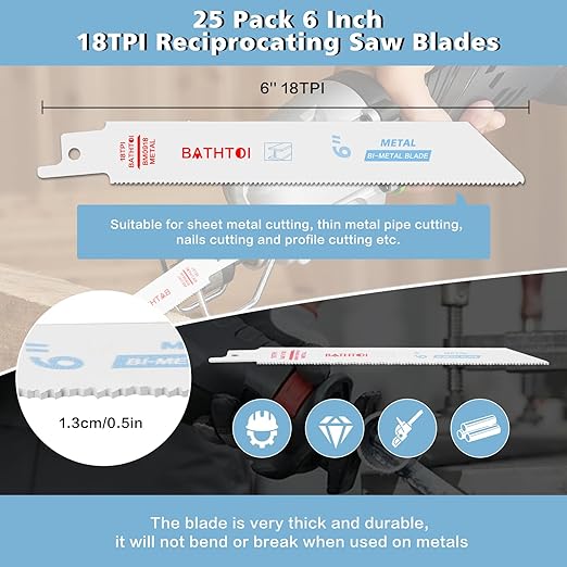 25 Pack 6 Inch 18 Tpi Reciprocating Saw Blades for Sheet Metal, Pipes, Nails Cutting, Profiles Cutting, Bi-Metal Sawzall Blades with 8% Cobalt for Longer Life and Faster Cutting Speed