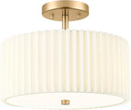 Gold Semi Flush Mount Ceiling Light, 3-Light 12.5" Ceiling Light Fixture with White Pleated Fabric Shade, Drum Lamp for Nursery Hallway Bedroom Kitchen, AD-25036-3SF-GD