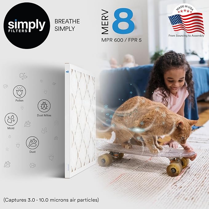 Simply 16x25x4 Air Filter MERV 8, MPR 600, 1 Pack, For Home AC Furnace & HVAC (Actual Size: 15.75"x24.75"x3.75") DUST Pet & Allergy Control