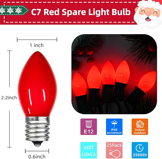 25 Pack C7 Red Ceramic Incandescent Replacement Bulbs, 5W Warm White 2200K, E12 Candelabra Base, Waterproof C7 Night Light Bulbs for Vintage Christmas Lights Outdoor Indoor Home Party Decorations