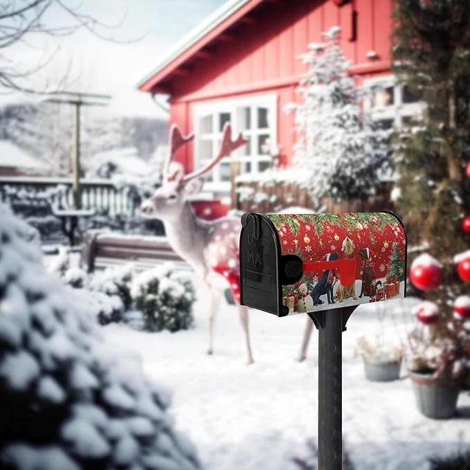 Christmas Retriever Dog Tree Magnetic Mailbox Cover Large Size 25.5 X 21 Winter Covers Snowman Red Green Xmas Holiday Oversized Mailbox Letter Box Wraps Covers for Outside Garden Yard Outdoor