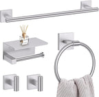 5-Piece Brushed Nickel Bathroom Hardware Set, SUS304 Stainless Steel Bathroom Accessories Set 23.6 inches Towel Bar, Toilet Paper Holder with Shelf, Towel Ring and Two Towel Hooks Wall-Mounted