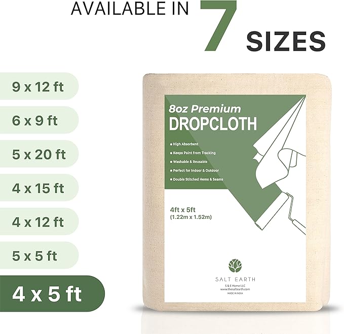 Canvas Drop Cloth by Salt Earth, Pack of 1 Reusable Paint Drop Cloth, 100% Recycled Cotton, All Purpose Painters Drop Cloth, Cotton Canvas Tarp Cover for Painter Furniture & Floor Protection (4x5 FT)