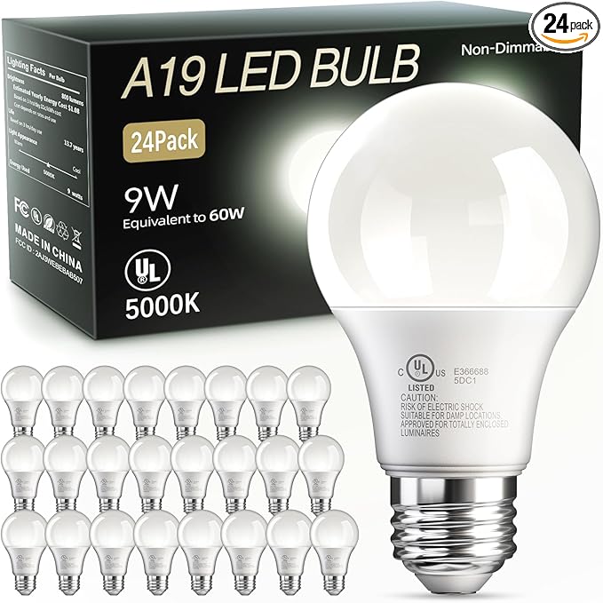TJOY 24 Pack A19 LED Light Bulbs, 60 Watt Equivalent LED Bulb, Efficient 9W, Daylight 5000K, E26 Standard Base, Bright White Light Bulb, Non Dimmable, Energy Saving, 800LM, 80 CRI, 120V, UL Listed