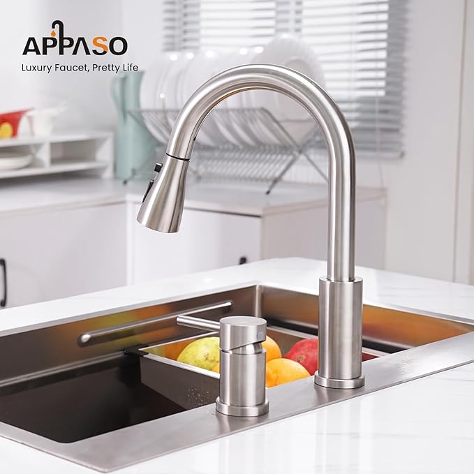 APPASO 2 Hole Kitchen Faucet, S304 Stainless Steel Two Holes Kitchen Sink Faucets with Pull Down Sprayer 3 Modes, Brushed Nickel High Arch Modern Faucet with Side Single Seperate Handle 2 Pieces
