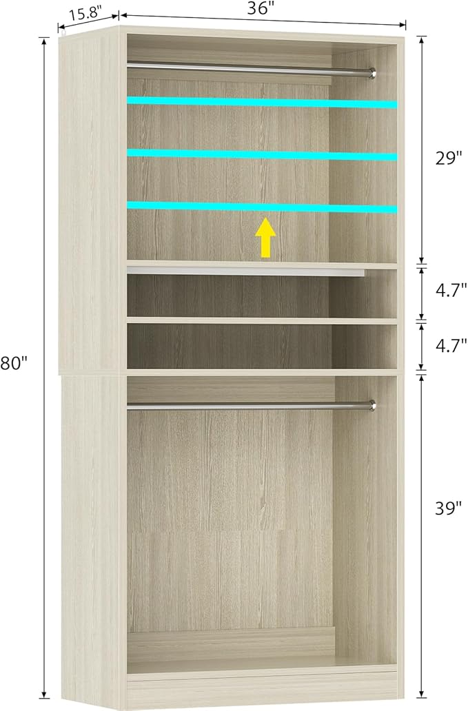 Unikito 3FT Freestanding Closet System with 2 Hanging Rods & Adjustable Shelve, 36'' Wood Closet Organizer System, Clothes Garment Rack, Sturdy Walk-in Closet Wardrobe Tower, Easy Assembly, White Oak