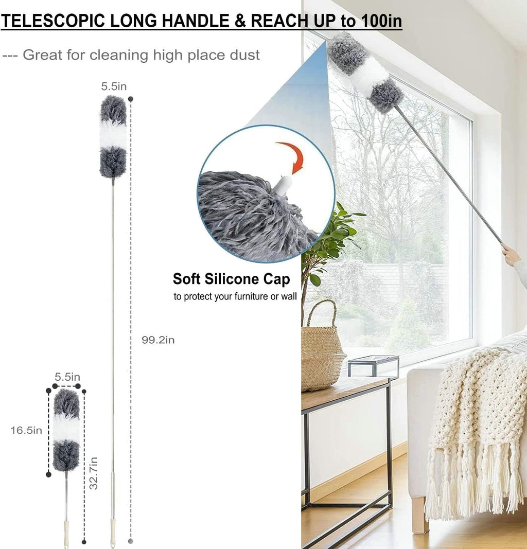 Microfiber Duster Kit High Reach Ceiling Fan Duster with Extendable Pole 100" Telescoping Cobweb Duster for Cleaning, Bendable Head Washable Duster for Ceiling, Fan, Furniture