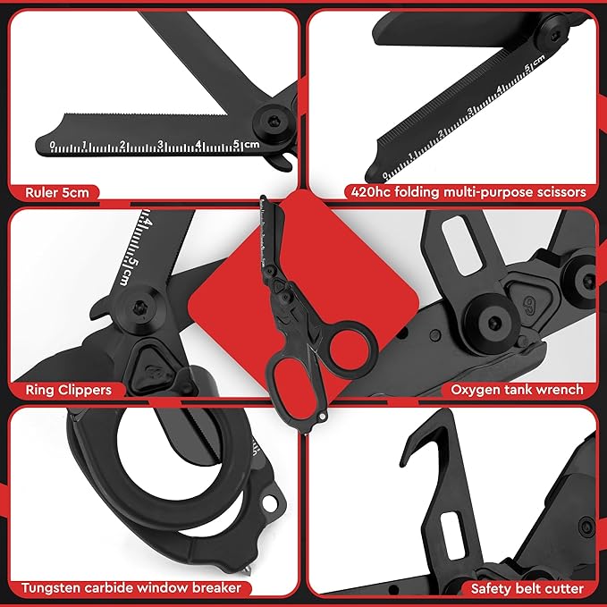 Heavy Duty 6 in 1 Multipurpose Emergency Trauma Shears Scissors with Holster, Outdoor Camping Rescue Tools with Glass Breaker, Strap Cutter Stainless Steel Foldable Scissors Pliers