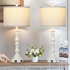 27.5" Tall Table Lamp for Living Room Set of 2, Vintage Farmhouse Table Lamps with USB C+A Ports, 3-Way Dimmable Touch Bedside Lamps, Tradition Bedroom Lamps for Nightstand Side End Table Desk, White