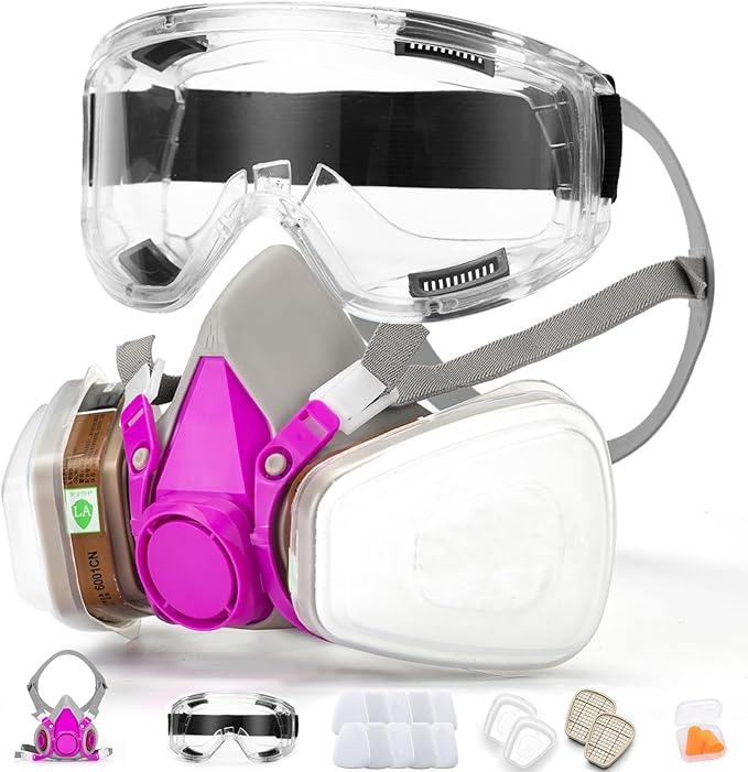 RANKSING Respirator Mask with Filters and Glasses to Against Dust Gases Fumes in Painting Spraying Sanding Orange/Pink