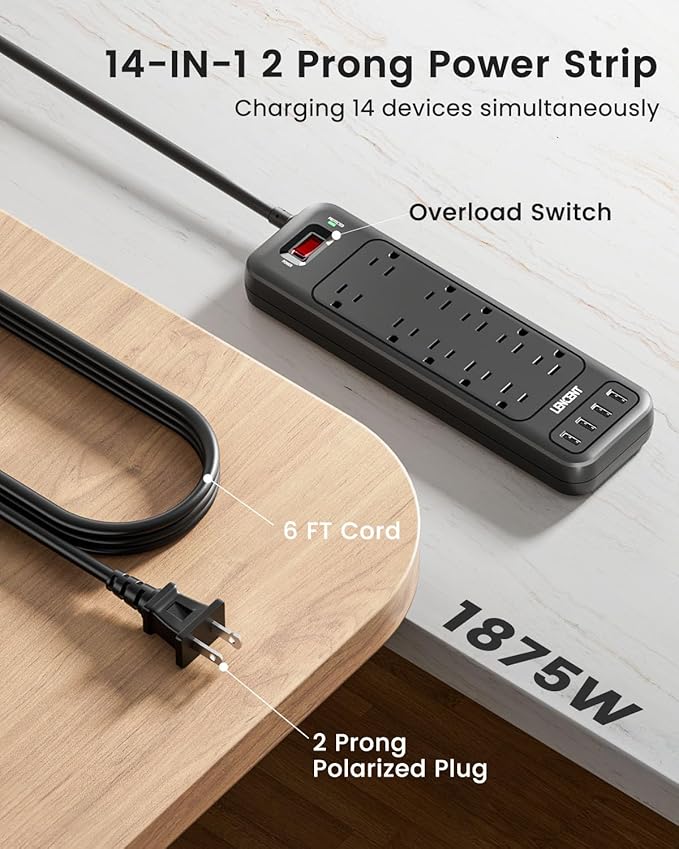 LENCENT 2 Prong Surge Protector Power Strip with USB Ports,Polarized 2 Prong to 3 Prong Outlet Adapter,1700J Surge Protector, 6ft Extension Cord,10 AC Outlets & 4 USB,Non-Grounded Wall Plug Extender