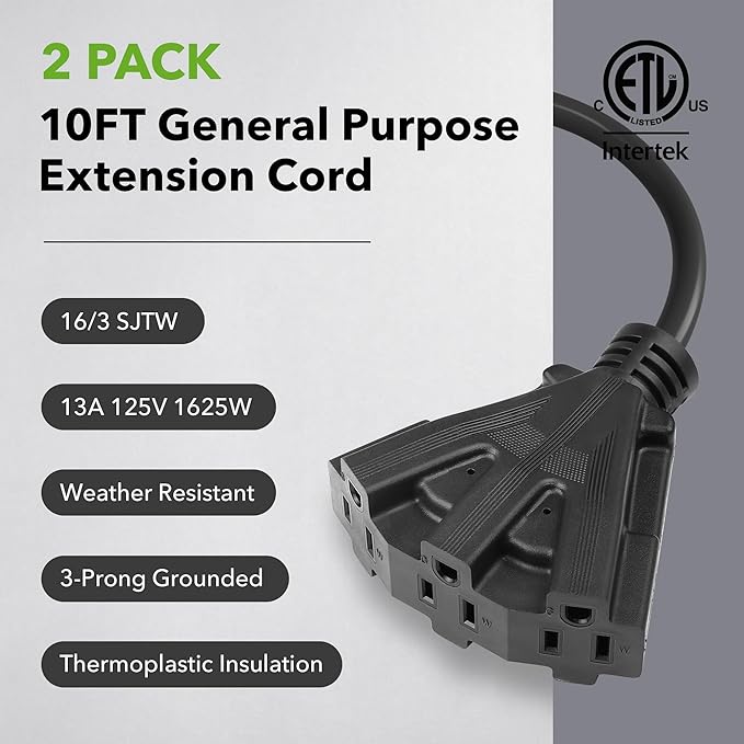 BN-Link's 2 Pack Outdoor Extension Cord Set is Ideal for Holiday Yard Decorations and Garden Equipment. with Three outlets You can Plug in Loads up to a Total of 13amps/1625watts. (Black, 10ft)