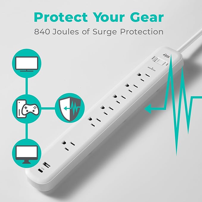 KMC 6-Outlet Surge Protector Power Strip, 1 USB-A & 1 USB-C Port, 840J Power Surge Protectors, 6ft Extension Cord, Flat Plug, White Power Strip Surge Protector, ETL/UL Certified Power Strips, White