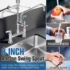 21" Height Commercial Sink Faucet Deck Mount with Pre-Rinse Sprayer, Commercial Kitchen Faucet with 8" Add-on Swing Spout Faucet & Spring Pull Down Sprayer, 8" Adjustable Center Kitchen Faucet