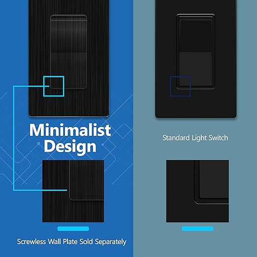 LIDER Brushed Black Minimalist Design Decorator Switch, Frameless Paddle Wall Light Switch, On/Off Rocker Switch, Single Pole, Residential Grade, UL Listed, 3 Wire, 15A 120-277VAC, 5 Pack