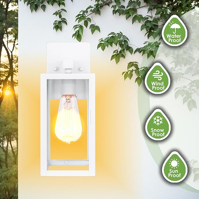 GRUENLICH Waterproof Large Outdoor Wall Lanterns, Modern White Porch Sconces with Clear Glass Shade, E26 Socket Max 60W, IP65 Rated, Metal Frame, for Patio, Front Door, Entryway, 1-Pack