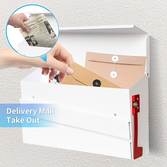 White Wall-Mount Mailbox, Modern Large Capacity Drop Mailboxes for Outside, Rust-Proof Galvanized Steel Post Box with Flag (No Keys Locking)