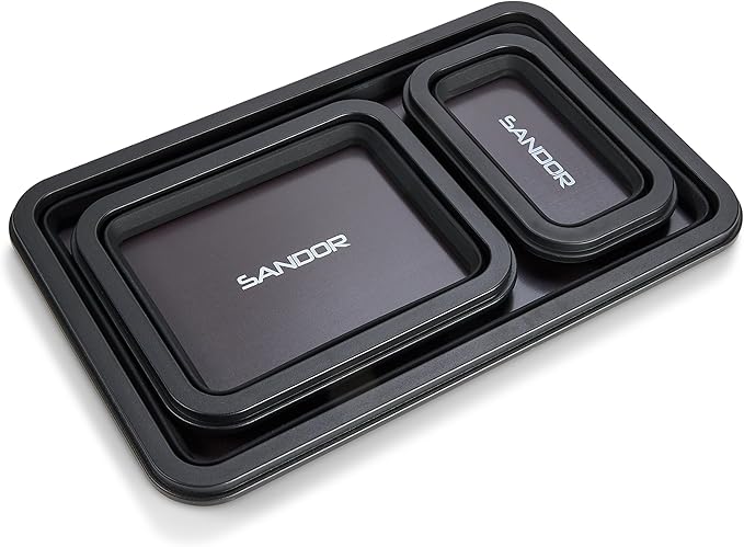 Collapsible Magnetic Parts Tray Set - 3 Different Size Tool Trays for Screw, Bolts, Nuts, Washers, Pins and Other Small Metal Parts, Mechanic Tool Gifts for Men - Black