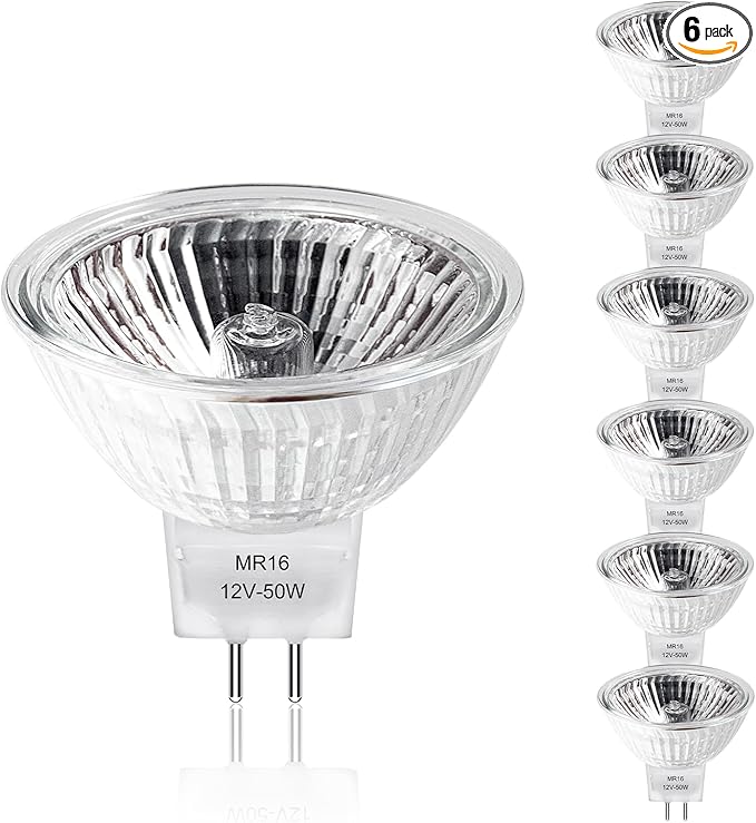 MR16 Halogen Bulbs 2 Pin, 12V 50W 6 Packs Halogen Light Bulbs Gu5.3 Base Dimmable with Clear Glass Cover, 2700K Warm White for Landscape Lights, Track Lights, Fiber Optics, Desk Lamps