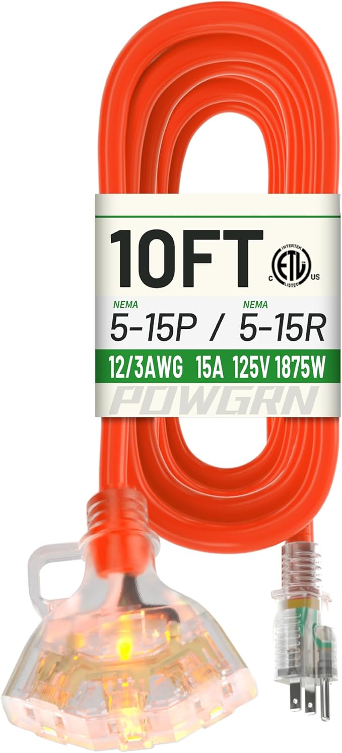 POWGRN 10 FT 12/3 Gauge Extension Cord with Multiple Outlets Outdoor, 3 Outlet Extension Cord Heavy Duty Orange with Lighted, Tri-Tap Power Cable, 12AWG 15Amp 1875Watts 125Volts SJTW, ETL Listed