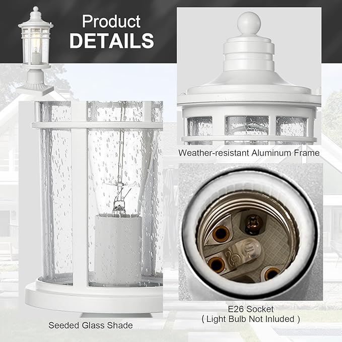 Darkaway Outdoor Post Lights Lamp Posts Outdoor Lighting, Waterproof Aluminum Post Lights Outdoor Light Fixtures with Glass, Light Posts for Outside Patio Yard (2 Pack, White)