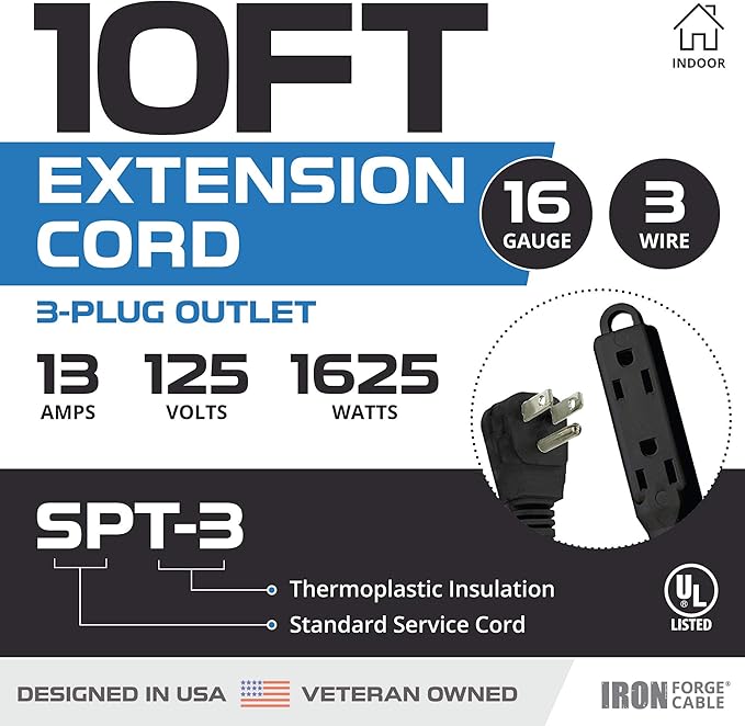 Iron Forge Cable 10 ft Flat Plug Black Extension Cord with 3 Outlets - 16/3 SJTW 3 Prong Indoor 10 Foot Black Extension Cord with Multiple Outlets