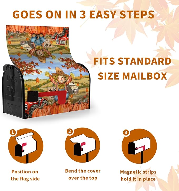 Fall Scarecrow Decorative Mailbox Covers Magnetic Standard Size 21x18 Autumn Pumpkins Maple Leaves Mailbox Wraps Cover Harvest Fall Letterbox Cover for Garden Yard Outdoor Decor