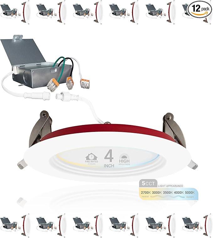 NUWATT 12 Pack 4 Inch 2 Hour FIRE Rated Baffle LED Recessed Lighting, 27K/30K/35K/40K/50K 5CT Selectable, Dimmable, 900LM, IC Rated, 4in Anti-Glare Wafer Lights, Wet Rated Downlight, No Tenmat Needed